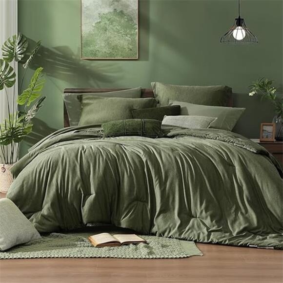 Queen Comforter Set - 7 Pieces Cationic Dyeing Olive Green Bed in a Bag - Picture 7 of 7